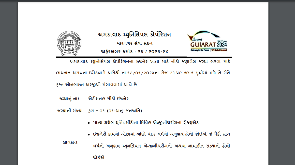 AMC Recruitment 2024 Additional City Engineer Posts GujaratAsmita